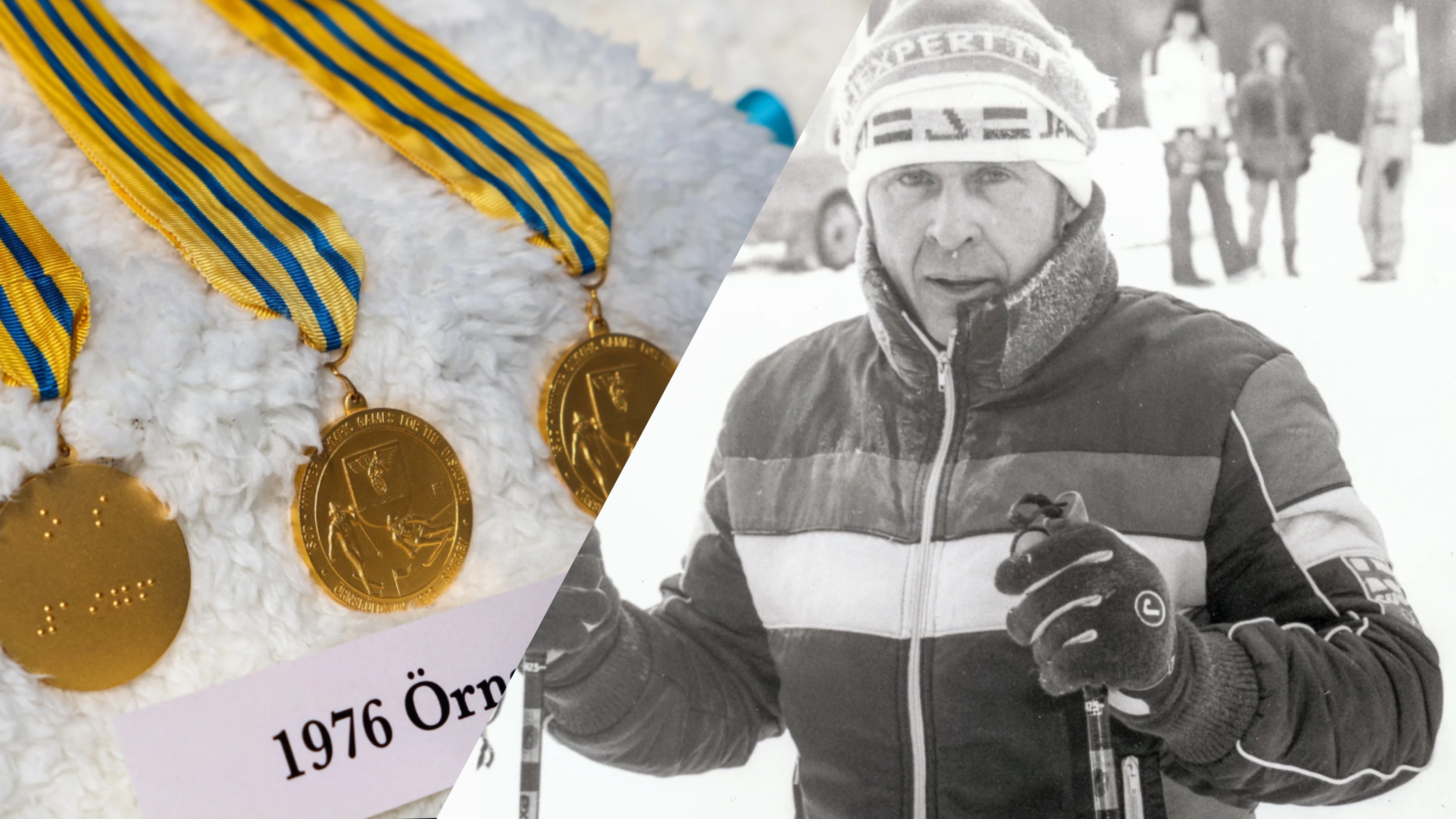 Jaetussa kuvassa Sankilammen kolme Örnsköldsvikin kultamitalia näyttelyssä ja mustavalkoinen kuva nuoresta Sankilammesta ladulla.